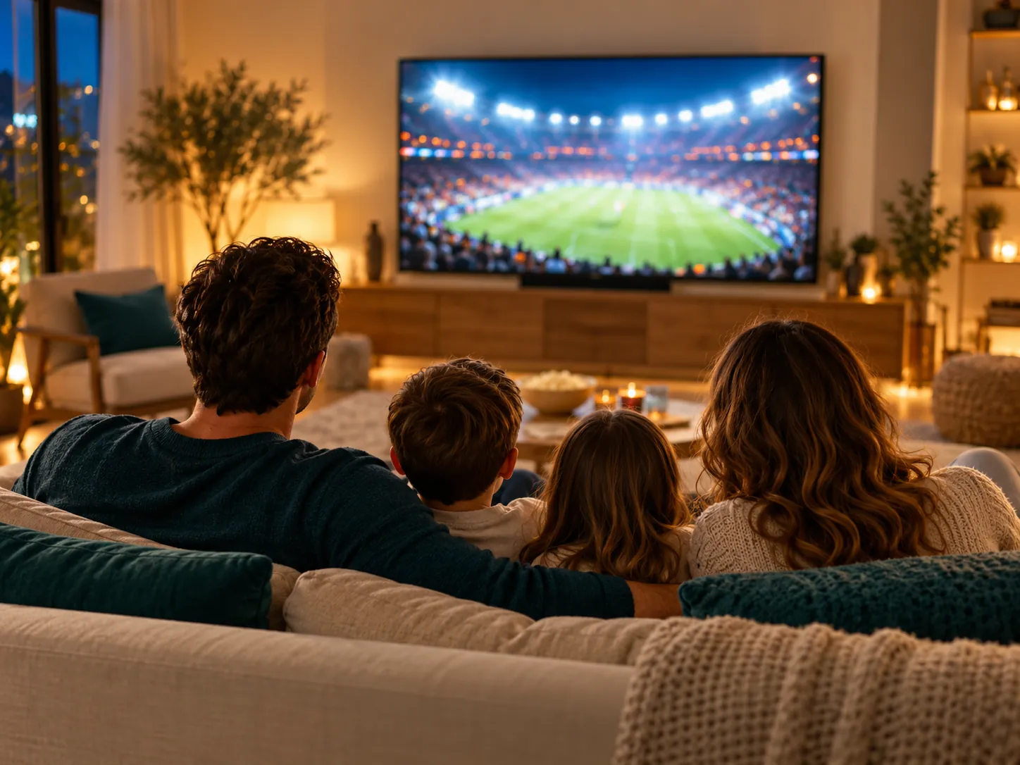 Famille installée sur un canapé devant un match de football
